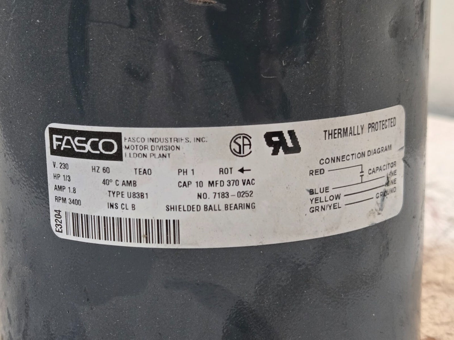 Fasco Motor 7183-0252 | E3204 | U83B1 | 230V | 60 Hz | 1/3 HP | 1.8 A | 3400 RPM
