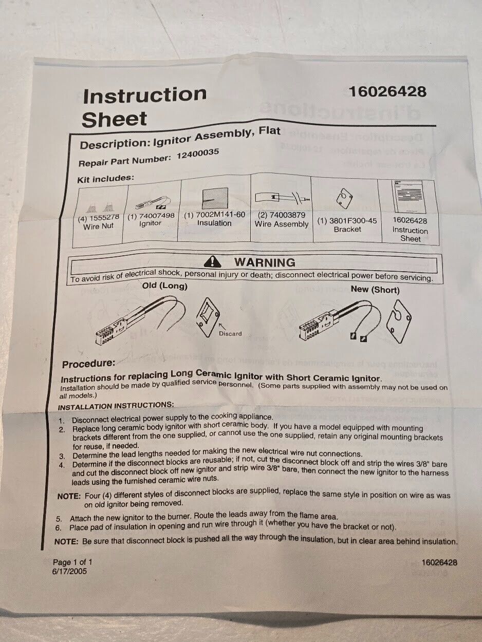 FSP Igniter Kit 12400035 for Whirlpool 7432P106-60 Model 501A Igniter W10161851