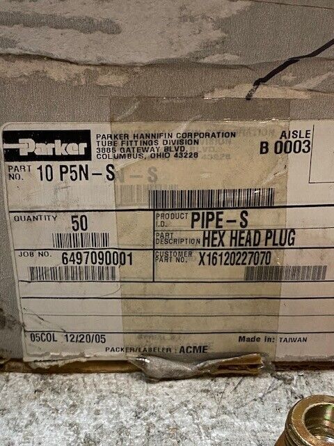 50 Quantity of Parker Fluid Connectors Hex Head Plugs 10 P5N-S (50 Quantity)