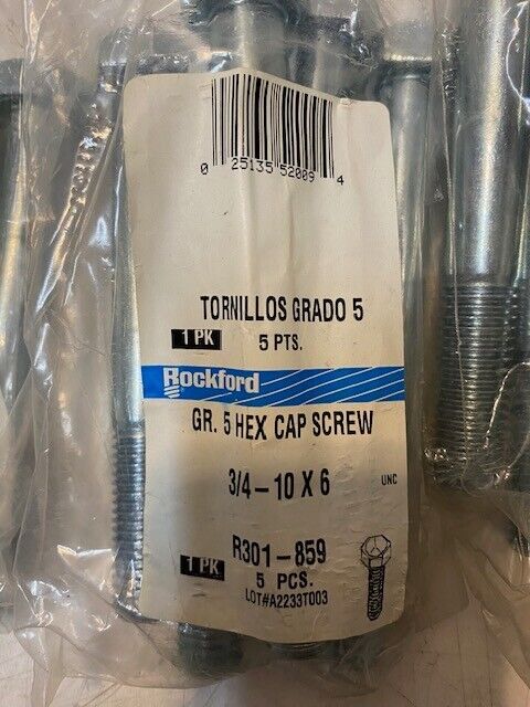 10 Quantity of Rockford 3/4-10x6 Grade 5 Hex Cap Screws R301-859 (2 Bags of 5)
