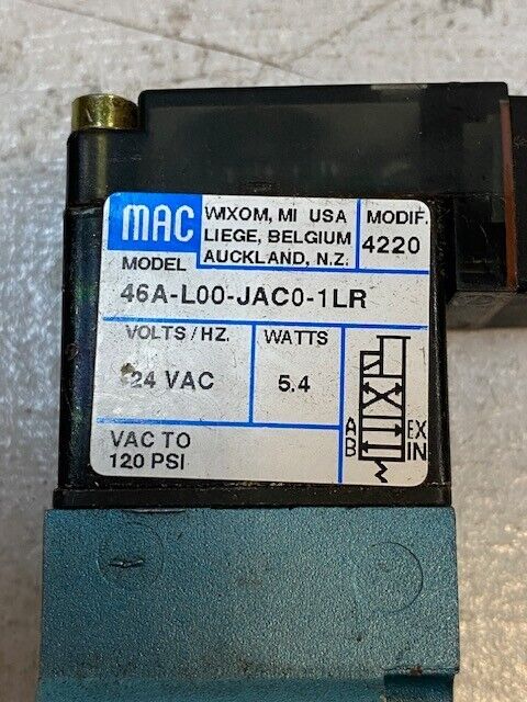 MAC Solenoid Valve 46A-L00-JAC0-1LR, 24VAC, 5.4W, 120Psi