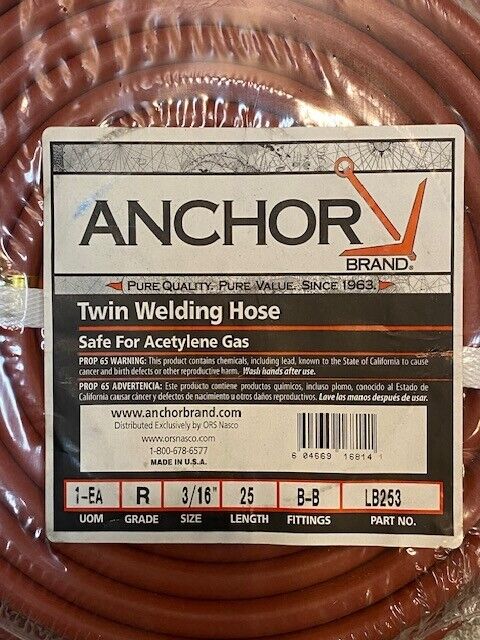 Anchor Twin Welding Hose LB253 | 3/16" 25ft Grade R Fittings B-B