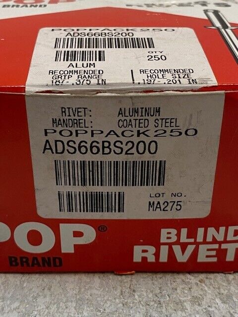 Pop Brand Blind Rivets ADS66BS200 Pack of 250 pcs POPPACK250