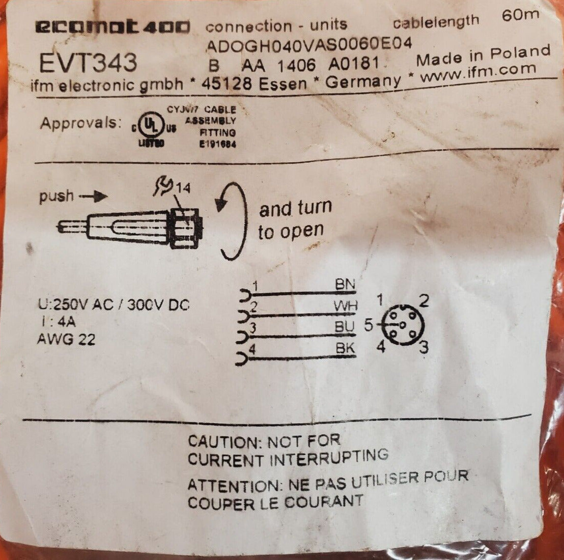 Ecomat 400 | 60m Length Cable EVT343 ADOGH040VAS0060E04 | 250V AC/300V DC 4A