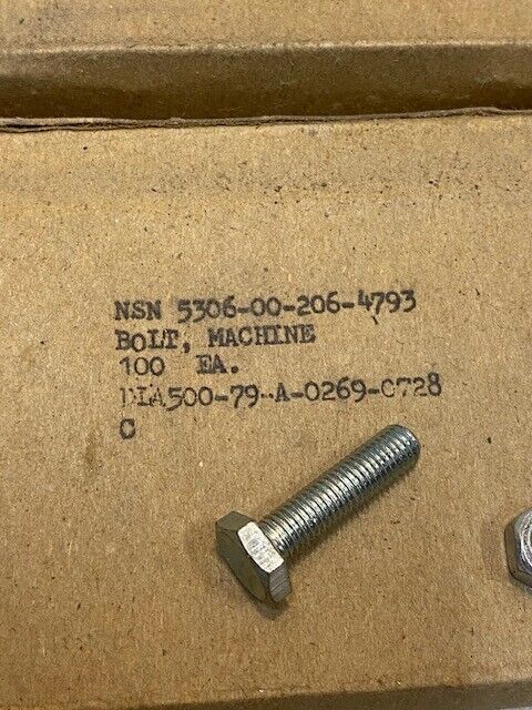 7 Boxes of 100 Qty of NSN Machine Hex Bolts 5306-00-206-4793 (700 Qty Total)