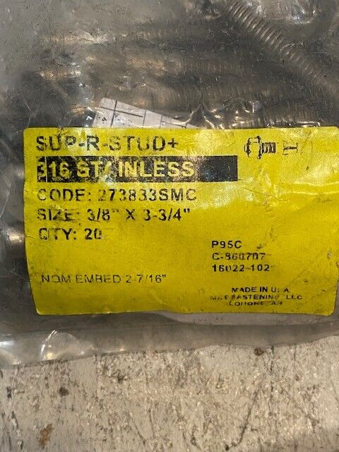 60 Quantity of Sup-R-Stud+ 3/8" x 3-3/4" Wedge Anchors P95C (3 Bags of 20)