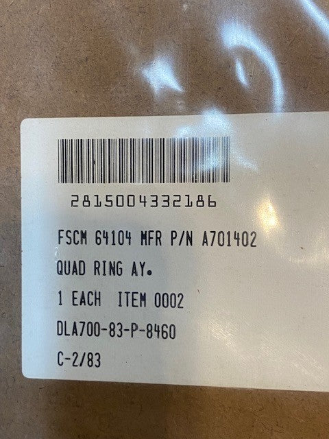 Quad Ring A701402 | DLA700-83-P-8460 | FSCM 64104 MFR 8-1/4" Dia. 5mm Thick