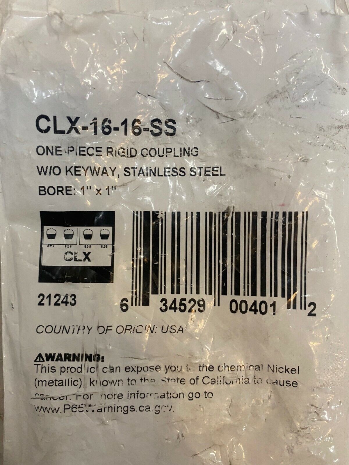 Ruland CLX-16-16-SS One Piece Rigid Coupling Stainless Steel Bore: 1" x 1"