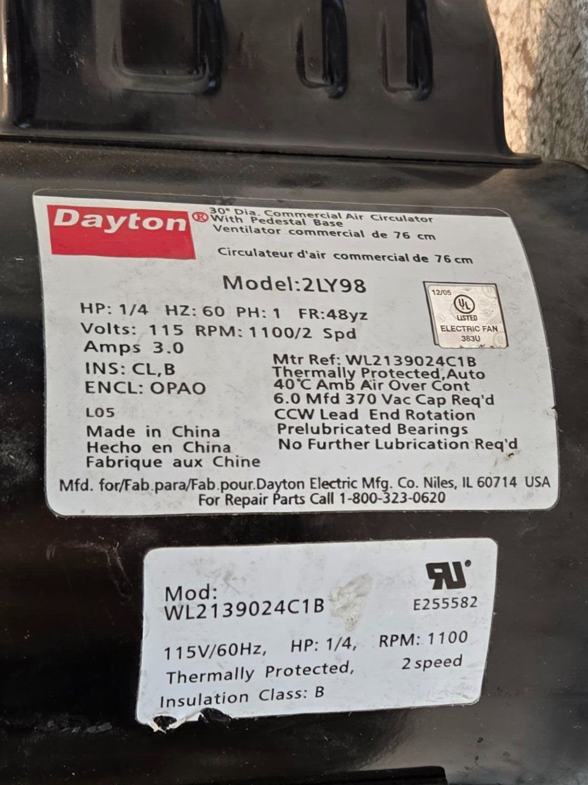 Dayton 2LY66 Motor WL2139024C1A | E25582 | 115 V | 1100 RPM 2 Speed See Pictures
