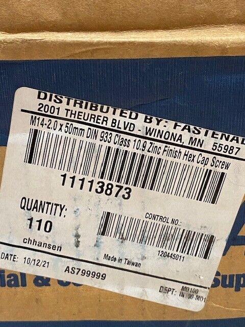 17.7 lb box of Fastenal M14-2.0 x 50mm DIN 933 Class 10.9 Hex Cap Screws