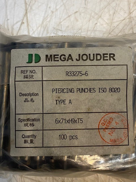 100 Pieces of Mega Jouder R33275-6 Piercing Punches ISO 8020 Type A