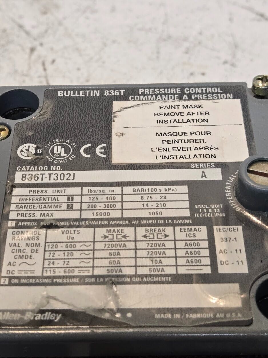 Allen-Bradley Pressure Control Box 836T-T302J | 15000 Max PSI