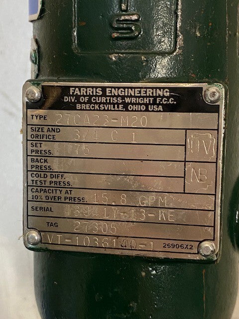 Farris Pressure Relief Valve 27CA23-M20, 27305, WCB 24800, 11" Long 26mm Thread
