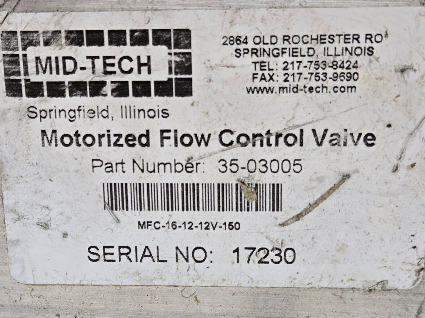 Mid-Tech Motorized Control Valve 35-03005 | MFC-16-12-12V-150 | 17230 | FP 25152