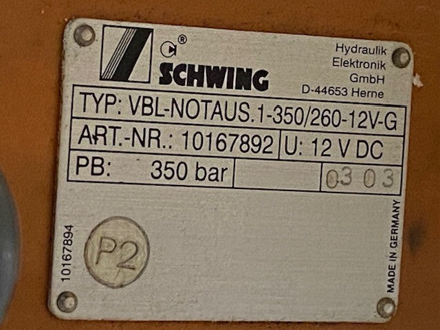 Schwing Emergency Stop Manifold Control Block VBL-NOTAUS.1-350/260-12V-G