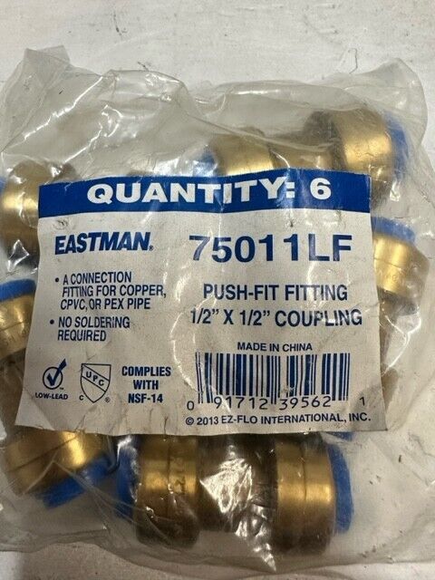 6 Pack of Eastman Push-Fit Fitting 1/2  x 1/2  Couplings 75011LF (QTY 6)