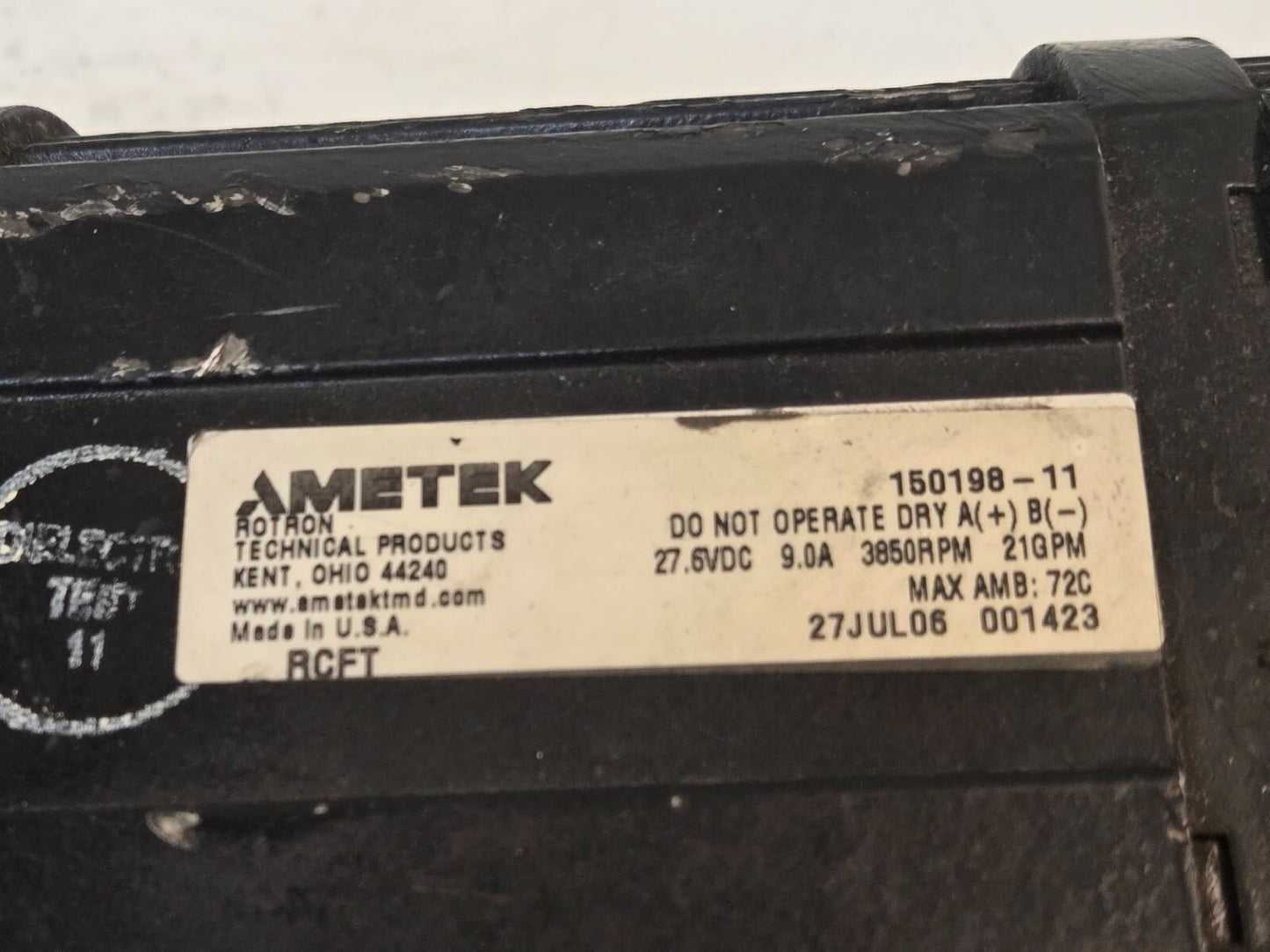 Ametek Rotron Seal-less Pump 150198-11 | 27.6 VDC | 9.0 A | 3850 RPM | 21 GPM