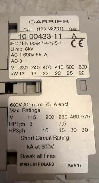Carrier Transicold Definite Purpose Contactor Model 10-00433-11 Control Switch