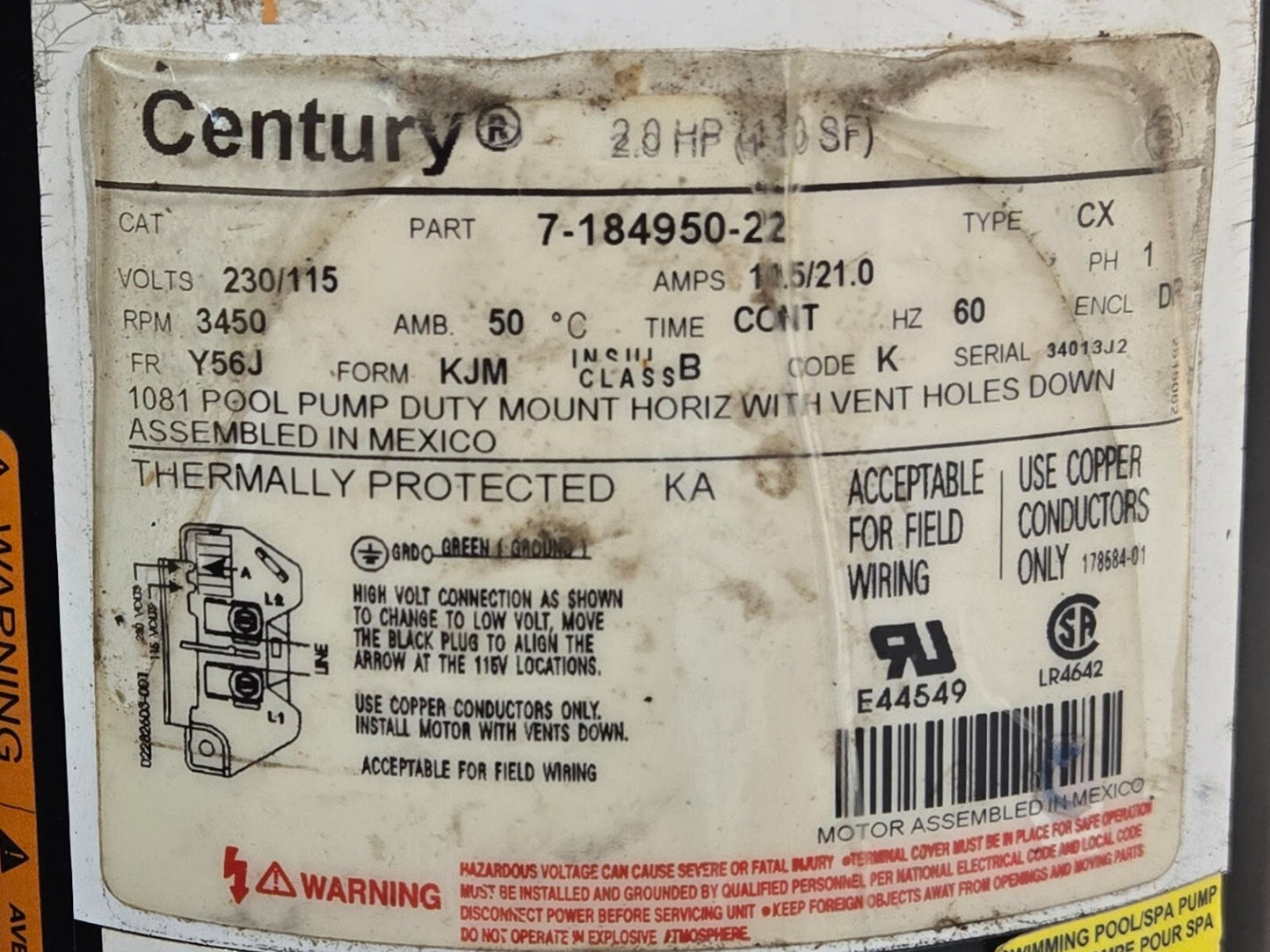 Century Pool Pump Motor 2.0 HP 7-184950-22 | CX | 230/115 V 10.5/21.0 A 3450 RPM