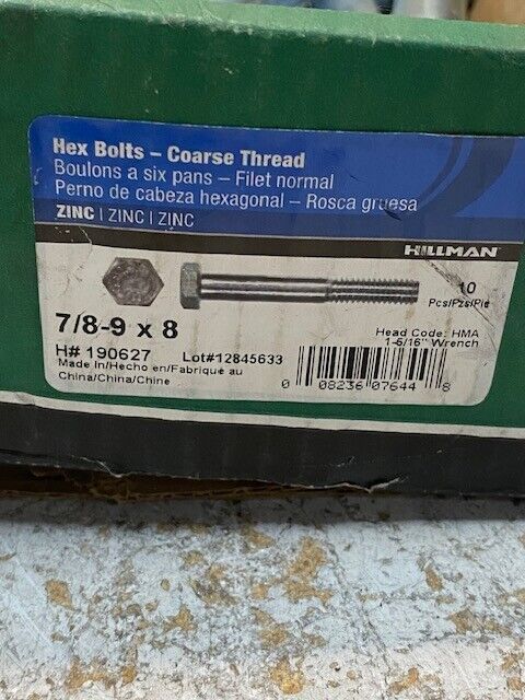 10 Quantity of Hillman 7/8-9 x 8 Hex Bolts 190627 (10 Quantity)