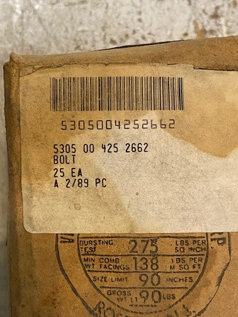 Box of 25 Quantity of 5305-00-425-2662 Hex Bolts 2-1/2" Length 3/4" Thread