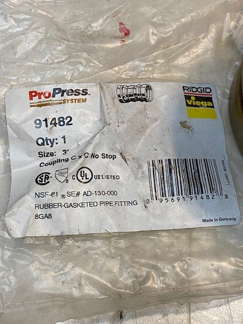Viega Pro Press Ridgid 91482 | 3" Coupling C x C No Stop Pipe Fitting Adapter