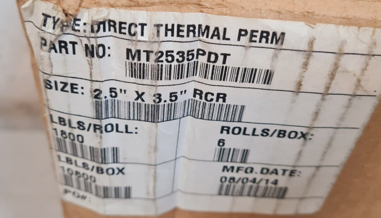 6 Qty. of 1800 Direct Thermal Perm Labels MT2535PDT | 2.5" X 3.5" RCR (6 Qty)