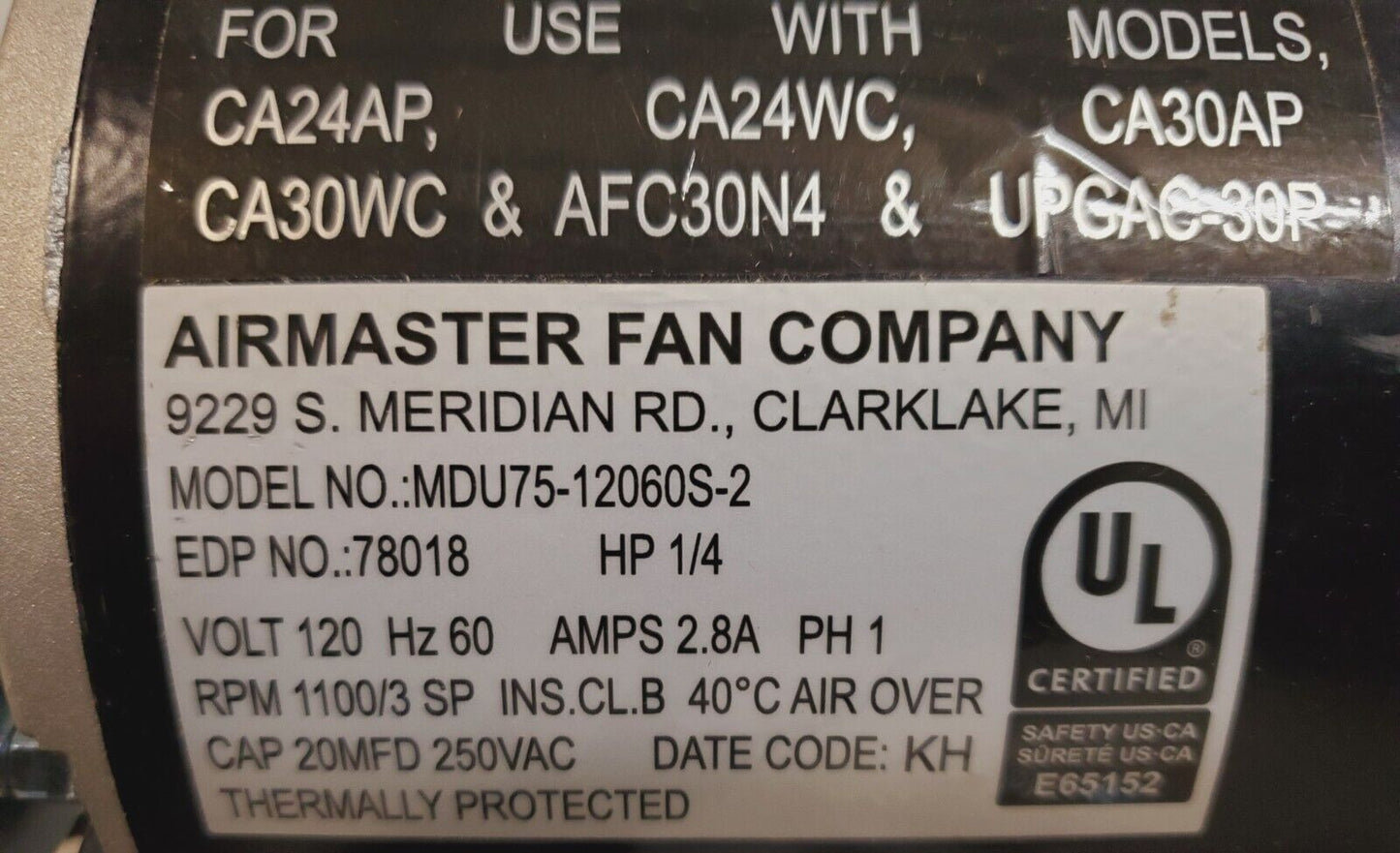 Airmaster Fan Company Commercial Motor CA30WC 78018 | CA24WC-A