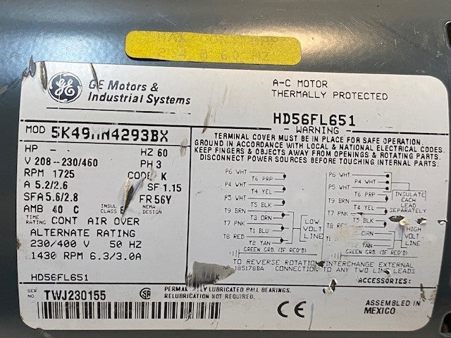 GE Motors & Industrial Systems A-C Motor HD56FL651 Model 5K49MN4293BX